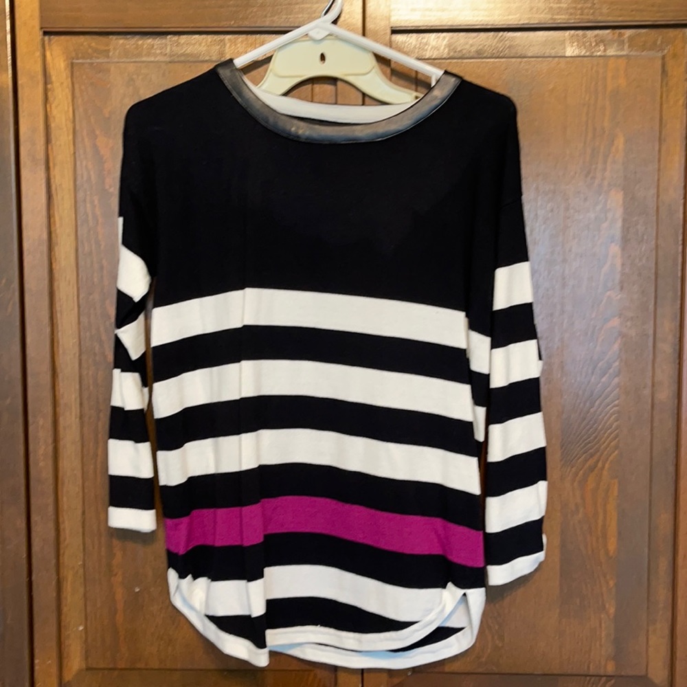 . Cute sweater. Leather trimmed neckline